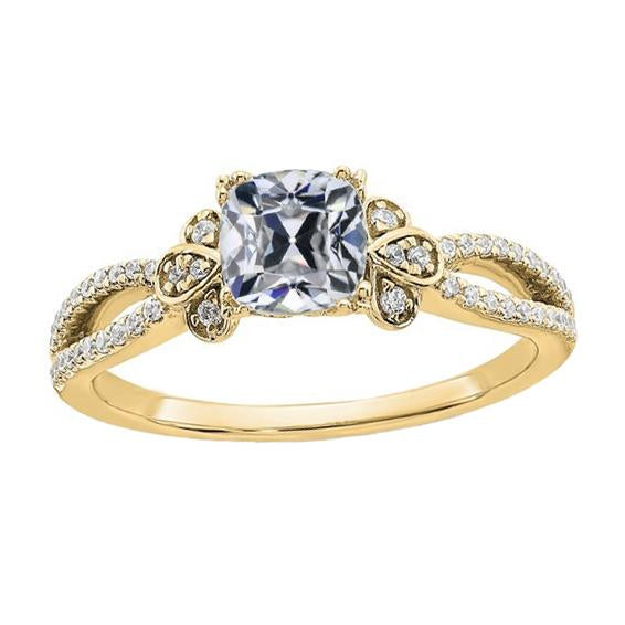 Bague Réel Diamant Rond & Coussin Vieux Mineur Tige Fendue Or Jaune 4 Carats