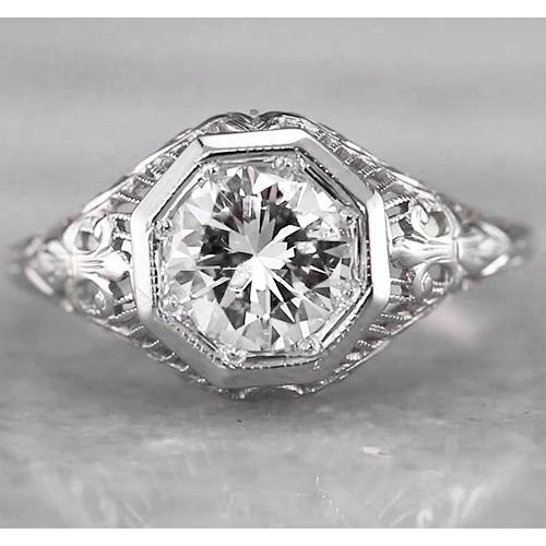 Bague Réel Diamant Rond Filigrane 2 Carats Or Blanc 14K