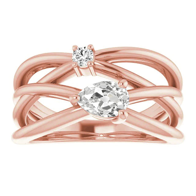 Bague Réel Diamant Rond & Poire Vieux Mineur Double Tige Fendue 2 Carats