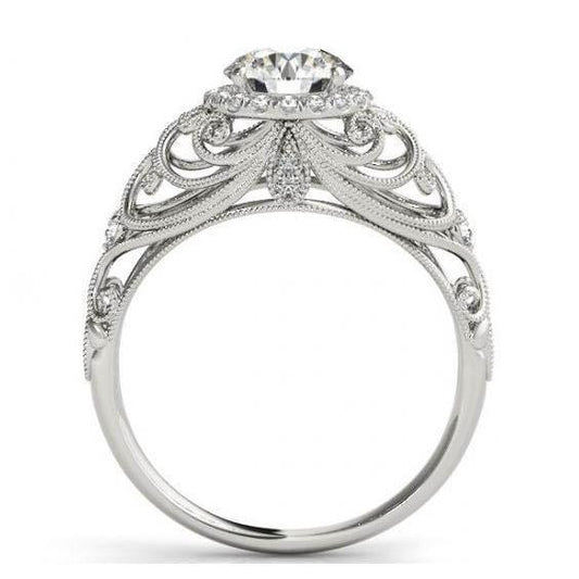 Bague Réel Diamant Rond Style Vintage 1.75 Carats Or Blanc 14K