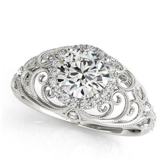 Bague Réel Diamant Rond Style Vintage 1.75 Carats Or Blanc 14K