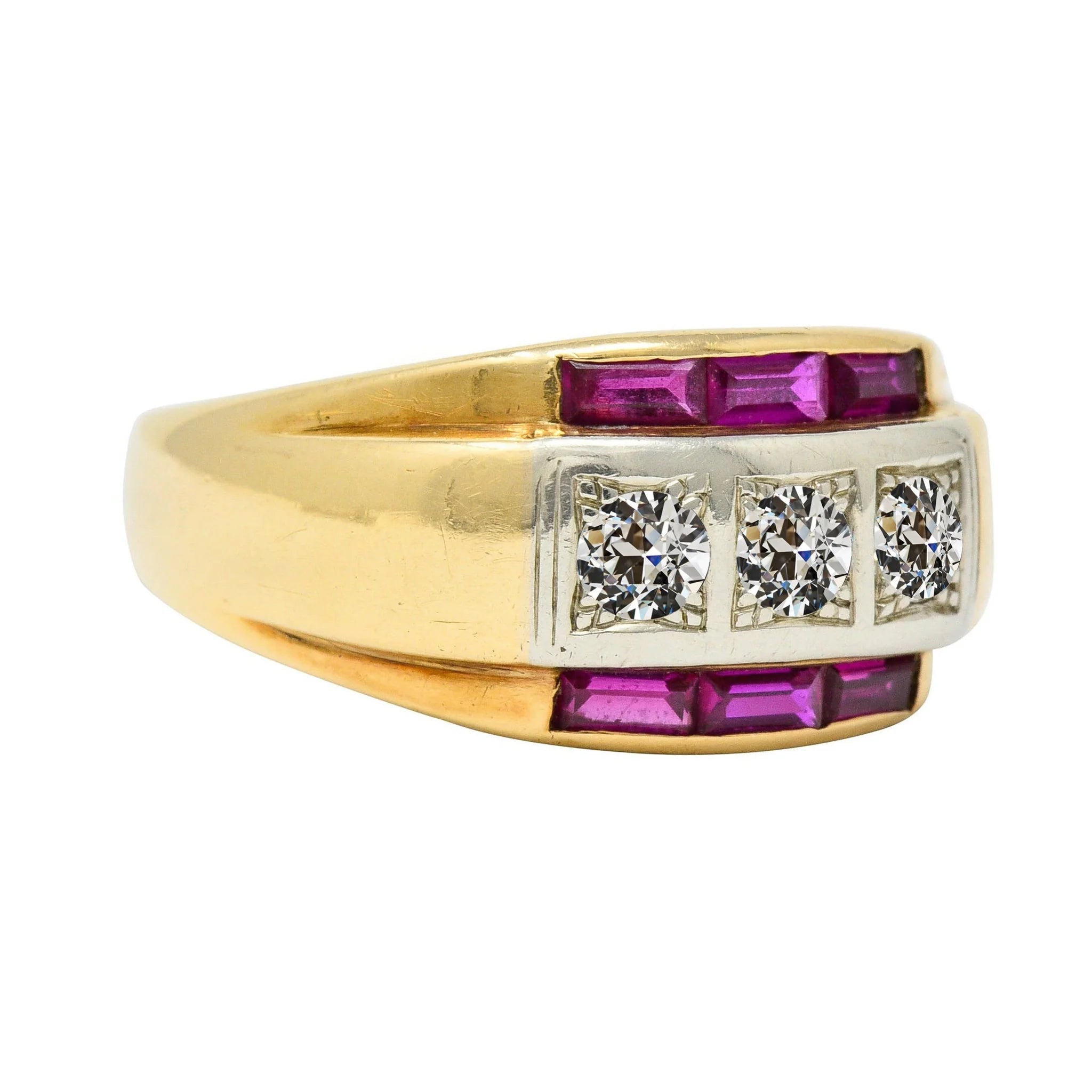 Bague Réel Diamant Rond Taille Ancienne Avec Saphirs Roses Baguette 4.25 Carats