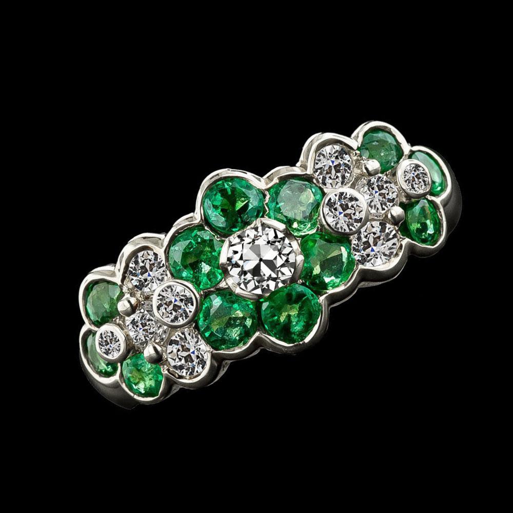 Bague Réel Diamant Rond Taille Ancienne & Saphir Vert Style Fleur 4.75 Carats