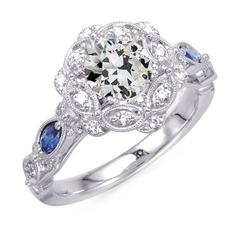 Bague Réel Diamant Rond Taille Ancienne & Saphirs Marquise 4.50 Carats Millgrain