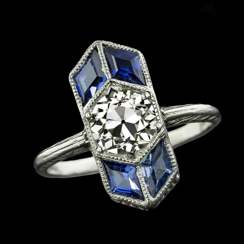 Bague Réel Diamant Rond Vieux Mineur & Saphirs Bleus Baguette 3.50 Carats