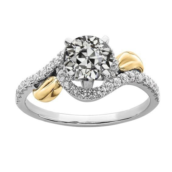 Bague Réel Diamant Rond Vieux mineur Tige Torsadée Bicolore 4 Carats