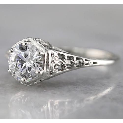 Bague Réel Diamant Solitaire Rond Style Antique 1.50 Carats Or Blanc 14K