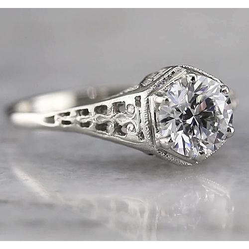 Bague Réel Diamant Solitaire Rond Style Antique 1.50 Carats Or Blanc 14K