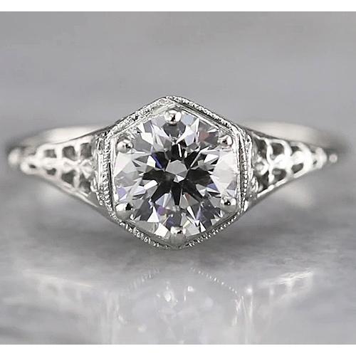 Bague Réel Diamant Solitaire Rond Style Antique 1.50 Carats Or Blanc 14K