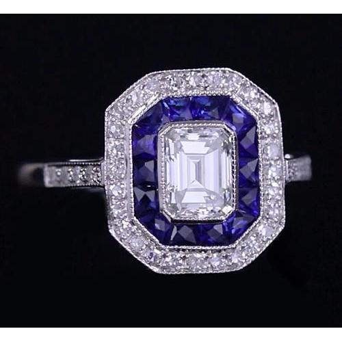 Bague Réel Diamant Style Antique 4.50 Carats Saphirs Bleus Bijoux Dames
