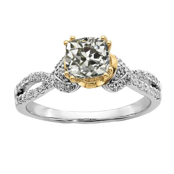 Bague Réel Diamant Taille Ancienne Coussin Bicolore Tige Fendue Torsadée 4.40 Carats