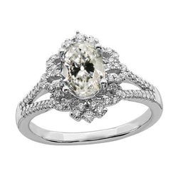 Bague Réel Diamant Taille Ancienne Ovale Halo Style Fleur Tige Fendue 4.50 Carats