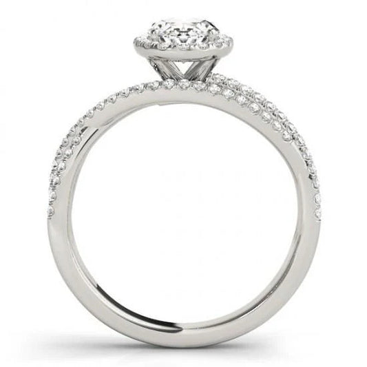 Bague Réel Diamants Ovales Et Ronds 2 Carats Tige Fendue En Or Blanc 14K