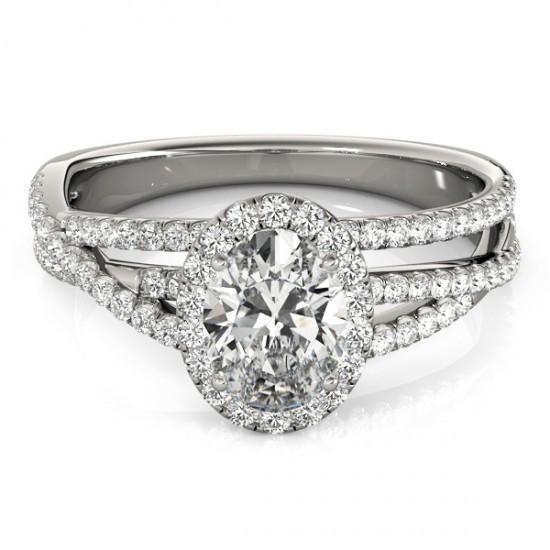 Bague Réel Diamants Ovales Et Ronds 2 Carats Tige Fendue En Or Blanc 14K