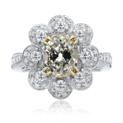 Bague Réel diamant taille ancienne ovale halo bicolore style fleur 10 carats