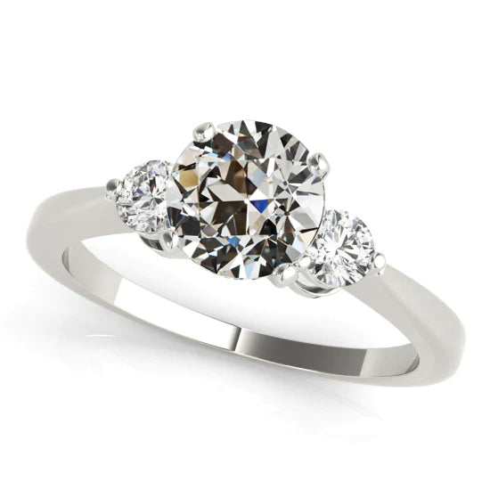Bague Ronde 3 Pierres Vieux Réel Diamants Européens Or Blanc 3 Carats
