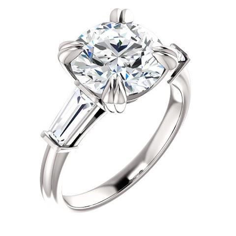 Bague Ronde Avec Réel Diamant Baguette 3 Pierres Or Blanc 2.30 Carats