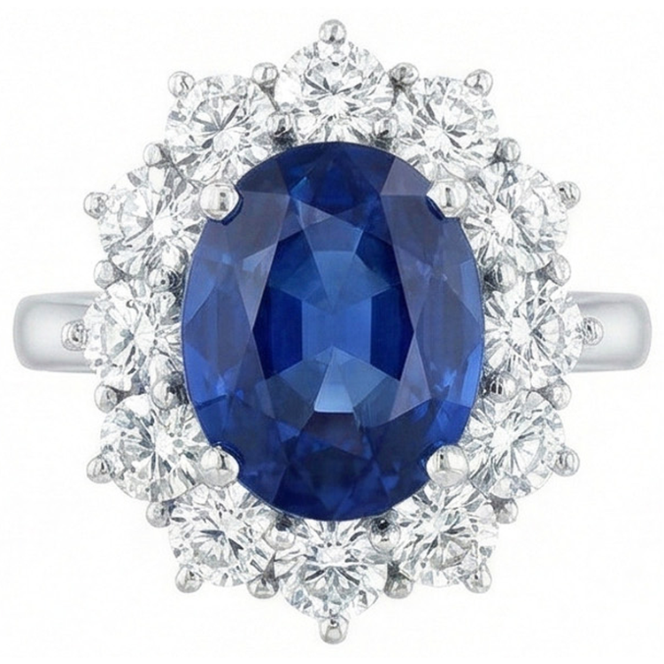 Bague Ronde Et Ovale Avec Saphir De Ceylan 6 Carats Or Blanc 14K