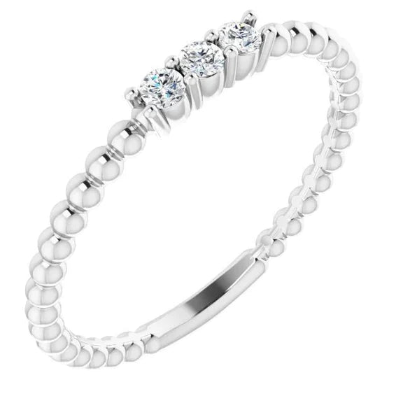 Bague Ronde Réel Diamant 3 Pierres Tige Boule 0.90 Carats Or Blanc 14K