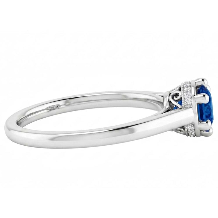 Bague Ronde Saphir Bleu Style Griffe 1.25 Carats Or Blanc 14K