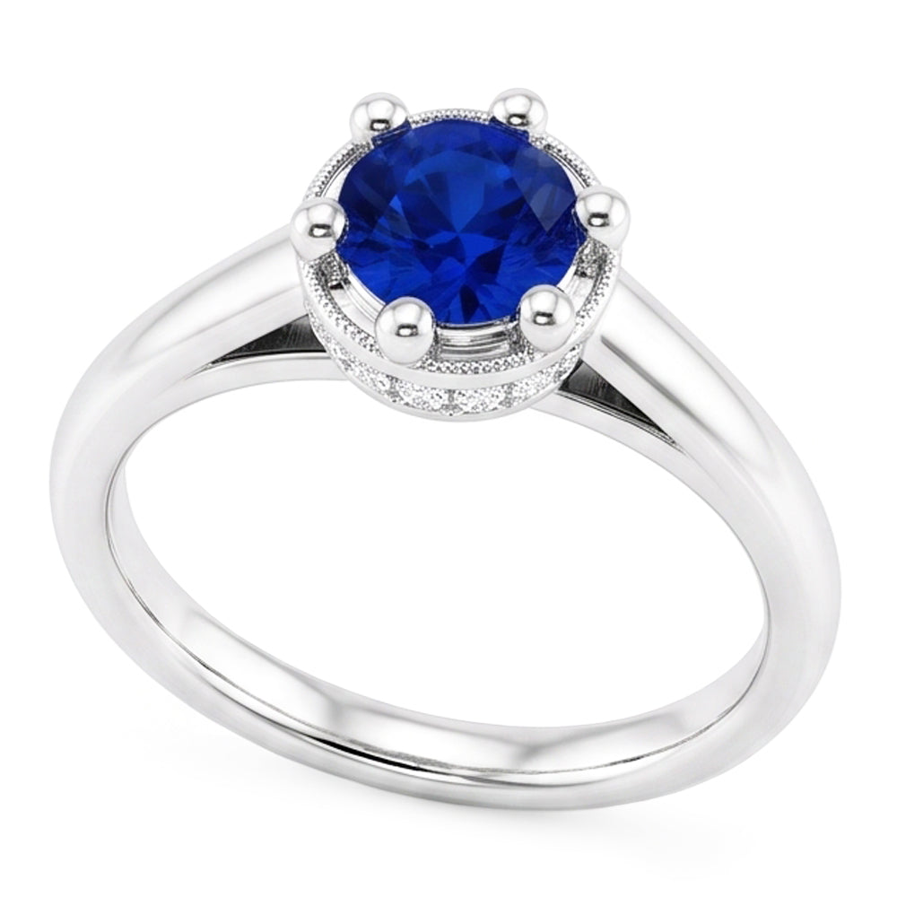 Bague Ronde Saphir Bleu Style Griffe 1.25 Carats Or Blanc 14K