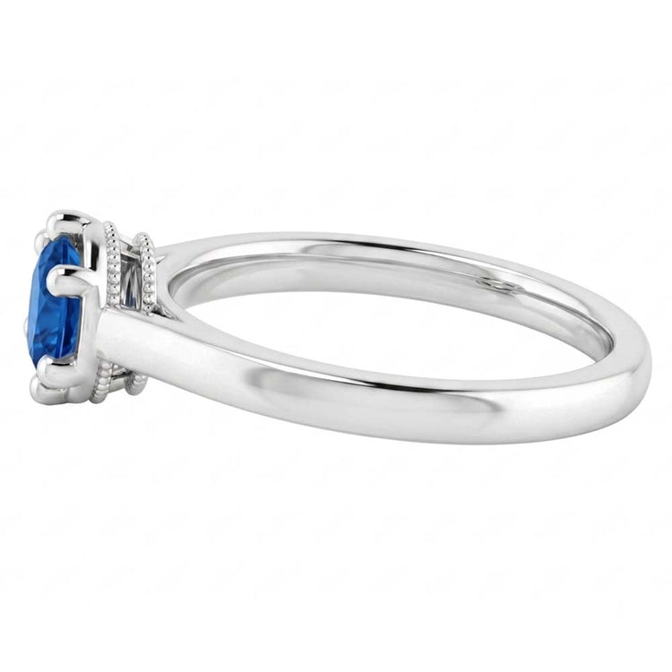 Bague Ronde Saphir Bleu Style Griffe 1.25 Carats Or Blanc 14K