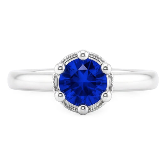 Bague Ronde Saphir Bleu Style Griffe 1.25 Carats Or Blanc 14K