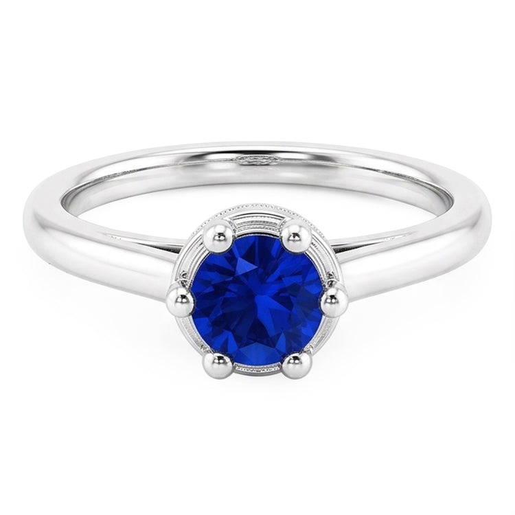 Bague Ronde Saphir Bleu Style Griffe 1.25 Carats Or Blanc 14K
