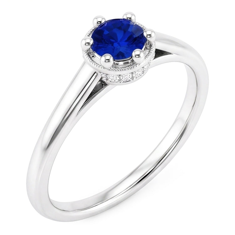Bague Ronde Saphir Bleu Style Griffe 1.25 Carats Or Blanc 14K