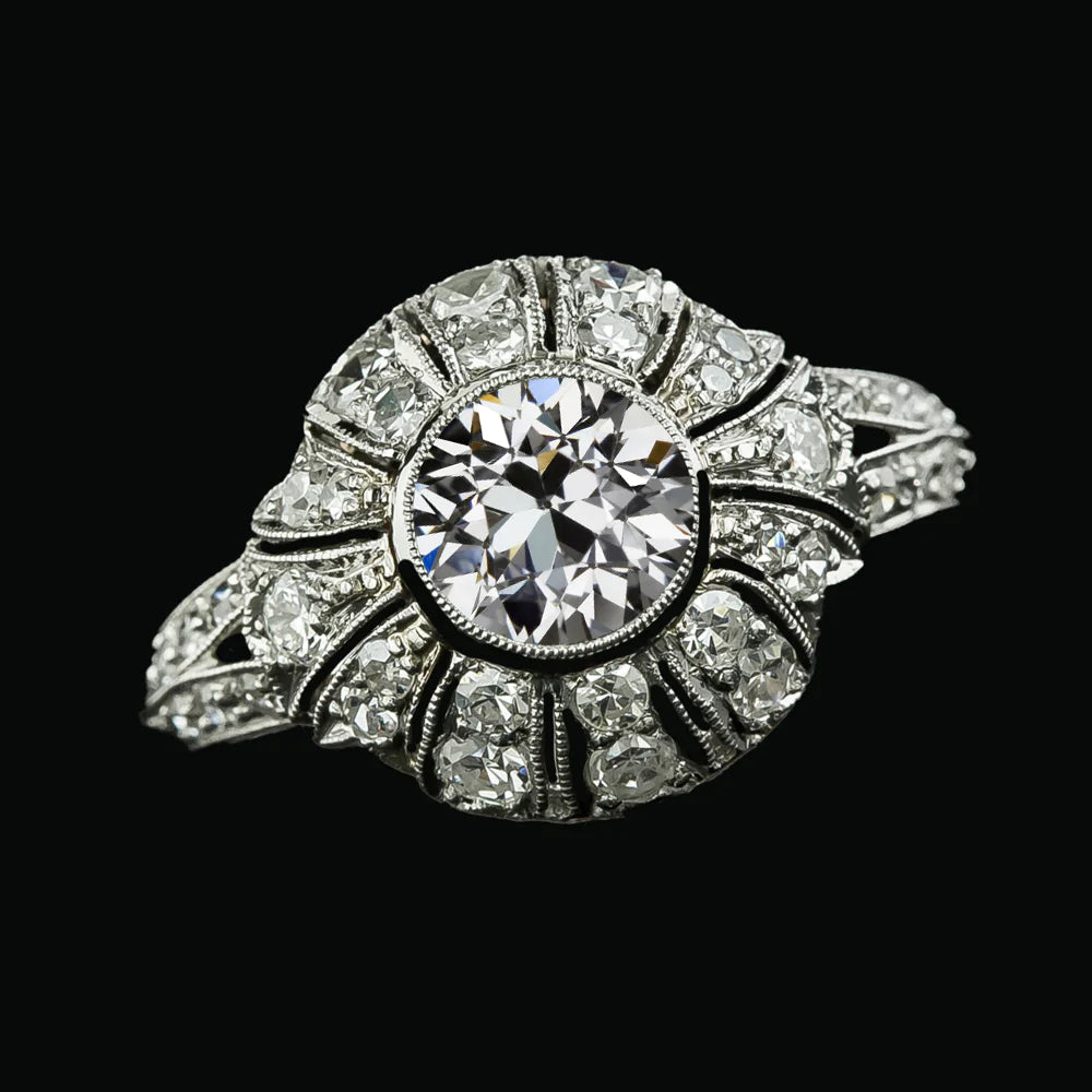 Bague Ronde Sertie Lunette Halo Réel Diamants Taillés A La Mine Ancienne Tige Fendue 4 Carats