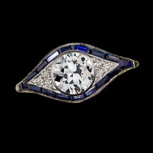 Bague Ronde Sertie Réel Diamant Taille Ancienne & Saphir Baguette 3 Carats