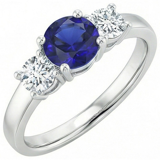 Bague Ronde Trois Pierres Saphir Bleu & Diamant Naturels Extraits des Mines ( et non cultivés en laboratoire ) Pierres Précieuses 1.75 Carats