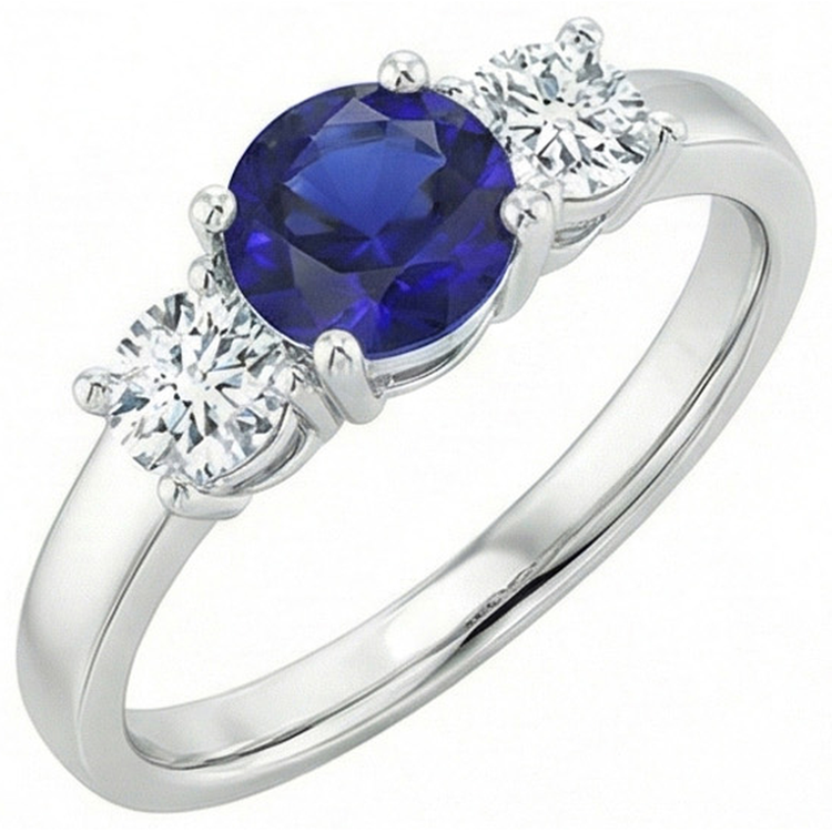 Bague Ronde Trois Pierres Saphir Bleu & Diamant Naturels Extraits des Mines ( et non cultivés en laboratoire ) Pierres Précieuses 1.75 Carats