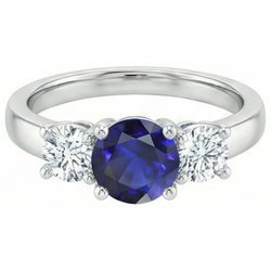 Bague Ronde Trois Pierres Saphir Bleu & Diamant Naturels Extraits des Mines ( et non cultivés en laboratoire ) Pierres Précieuses 1.75 Carats