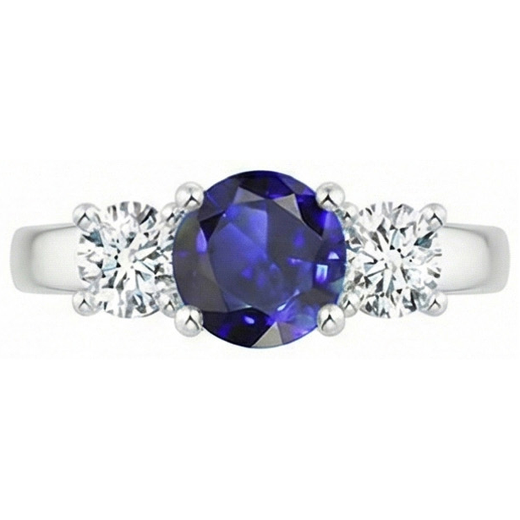 Bague Ronde Trois Pierres Saphir Bleu & Diamant Naturels Extraits des Mines ( et non cultivés en laboratoire ) Pierres Précieuses 1.75 Carats