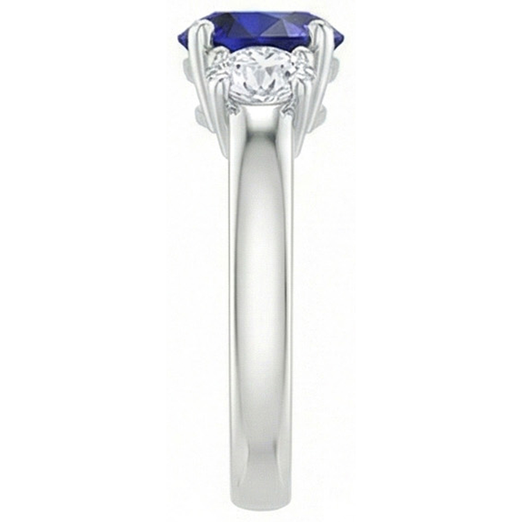 Bague Ronde Trois Pierres Saphir Bleu & Diamant Naturels Extraits des Mines ( et non cultivés en laboratoire ) Pierres Précieuses 1.75 Carats