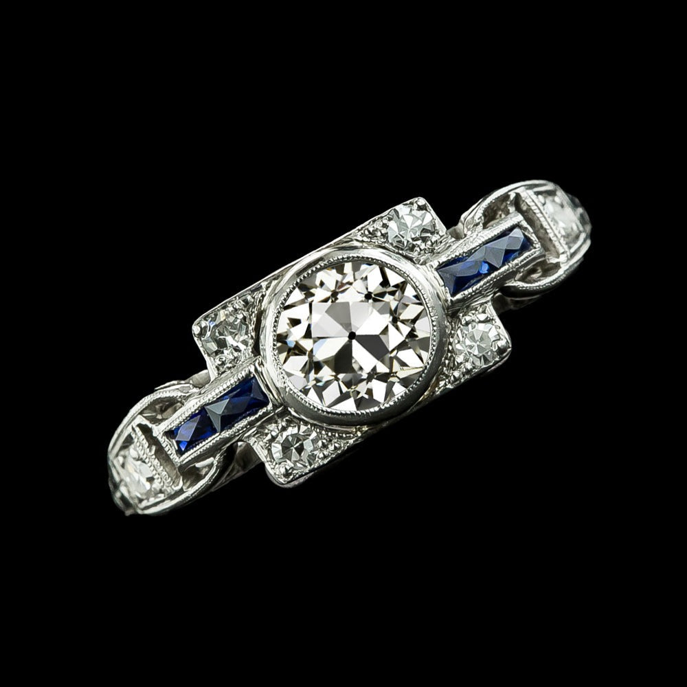 Bague Ronde Vieux Miner Réel Diamant Serti Lunette Baguette Saphirs 2.75 Carats