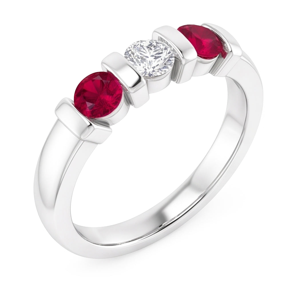 Bague Rubis Diamant Naturels Extraits des Mines ( et non cultivés en laboratoire ) Trois Pierres 0.90 Carats Or Blanc 14K