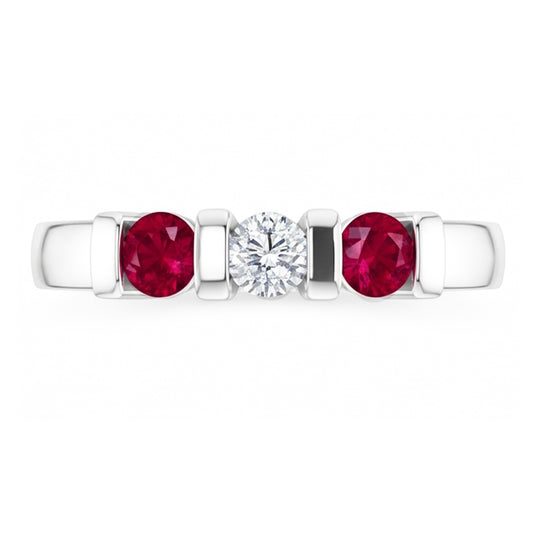 Bague Rubis Diamant Naturels Extraits des Mines ( et non cultivés en laboratoire ) Trois Pierres 0.90 Carats Or Blanc 14K