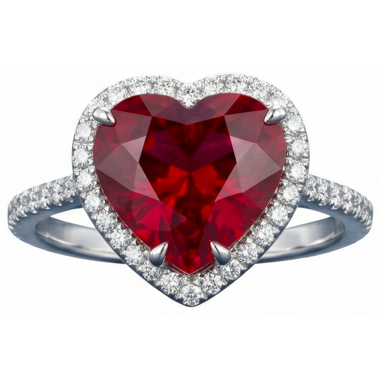 Bague Rubis En Forme De Coeur Et Accents De Diamants Naturels Extraits des Mines ( et non cultivés en laboratoire ) Or Blanc 14K 5.35 Ct