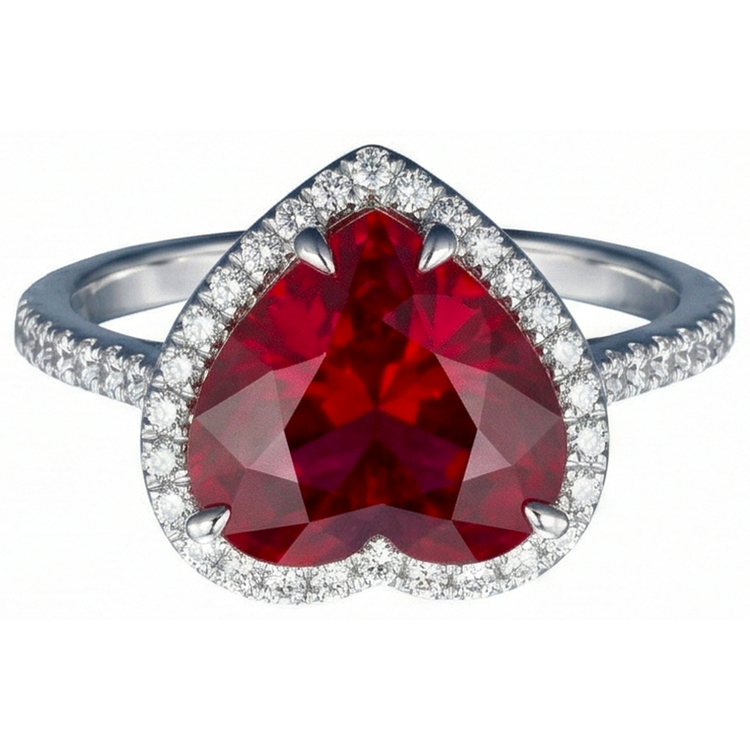 Bague Rubis En Forme De Coeur Et Accents De Diamants Naturels Extraits des Mines ( et non cultivés en laboratoire ) Or Blanc 14K 5.35 Ct