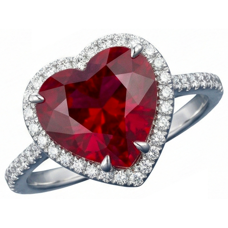 Bague Rubis En Forme De Coeur Et Accents De Diamants Naturels Extraits des Mines ( et non cultivés en laboratoire ) Or Blanc 14K 5.35 Ct