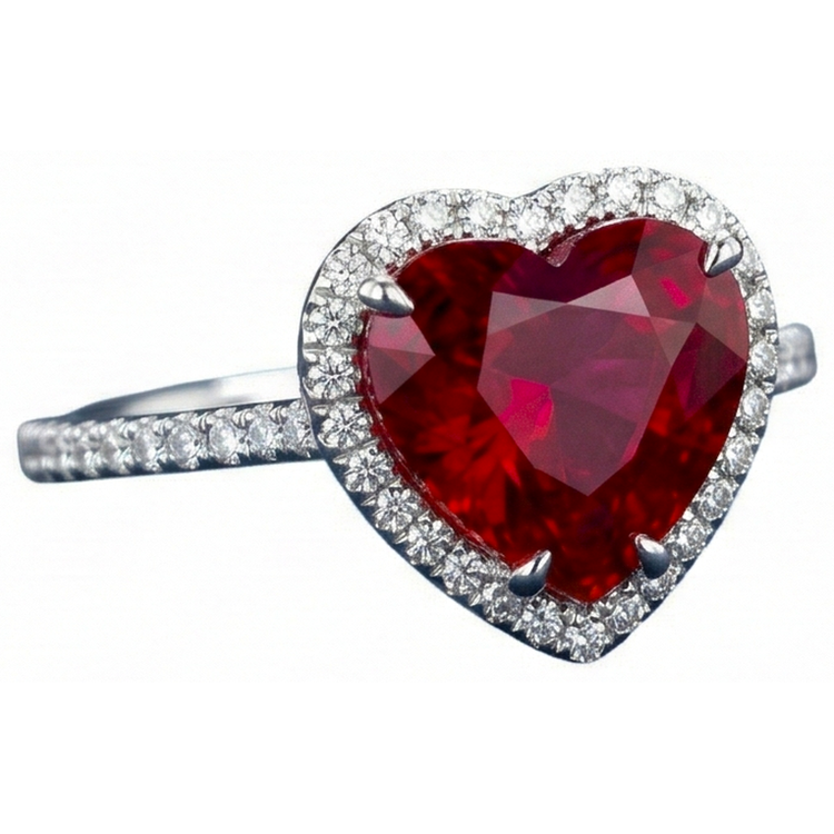 Bague Rubis En Forme De Coeur Et Accents De Diamants Naturels Extraits des Mines ( et non cultivés en laboratoire ) Or Blanc 14K 5.35 Ct