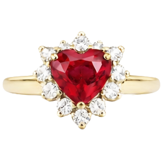 Bague Rubis Et Diamants Naturels Extraits des Mines ( et non cultivés en laboratoire ) Taille Coeur 2.25 Carats Or Jaune 14K