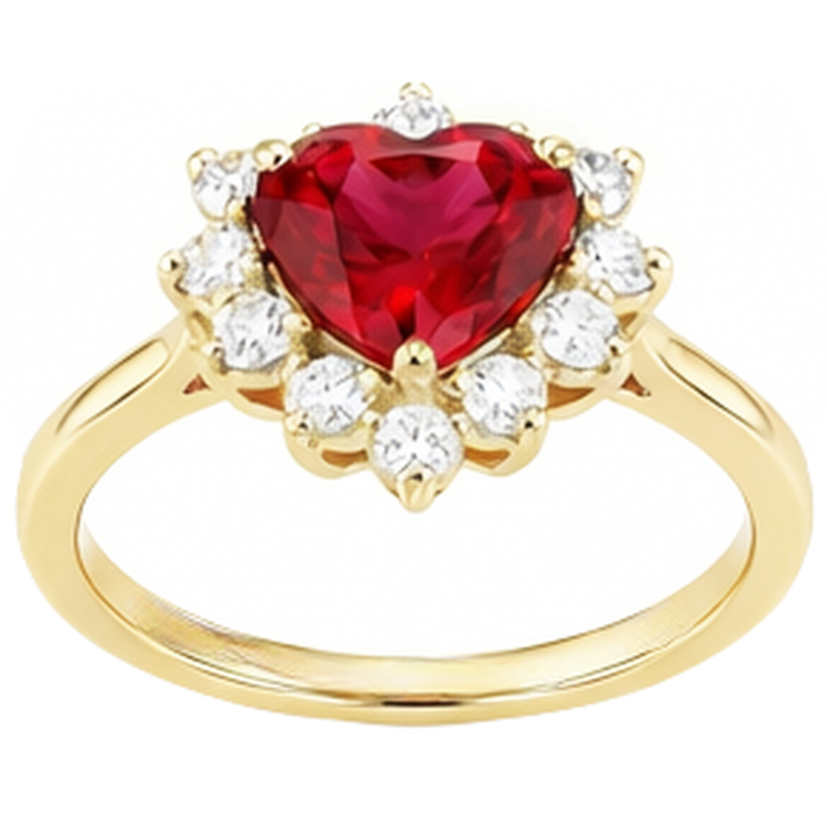 Bague Rubis Et Diamants Naturels Extraits des Mines ( et non cultivés en laboratoire ) Taille Coeur 2.25 Carats Or Jaune 14K