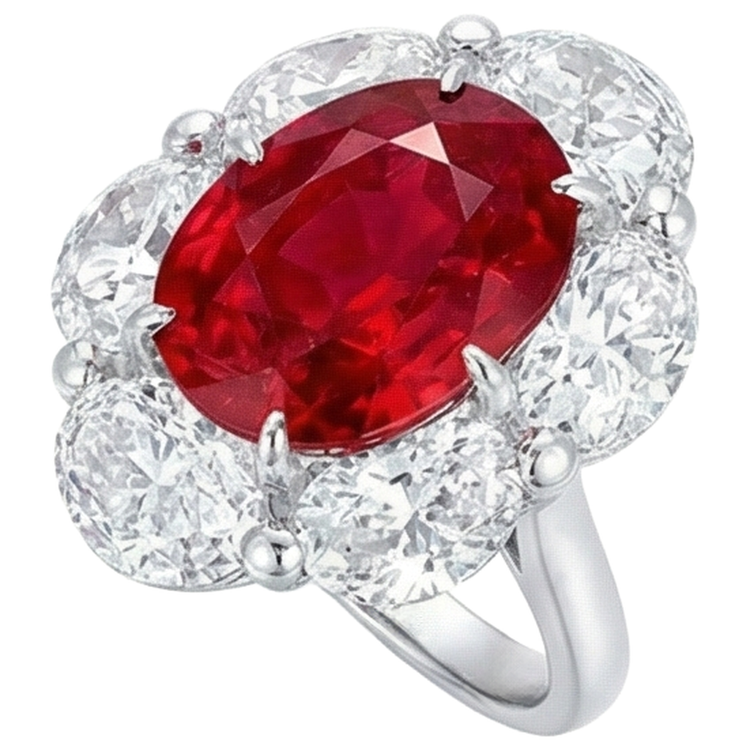 Bague Rubis Ovale 3.60 Ct Avec Diamants Naturels Extraits des Mines ( et non cultivés en laboratoire ) Ovales Nouveau