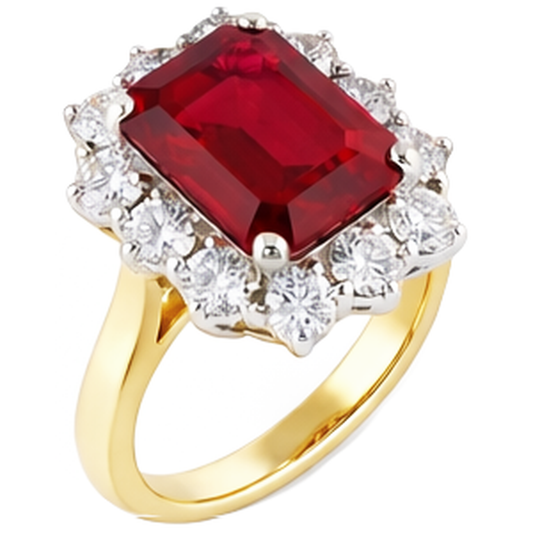 Bague Rubis Rouge Forme Émeraude Avec Diamants Naturels Extraits des Mines ( et non cultivés en laboratoire ) Ronds En Or 7.45 Carats