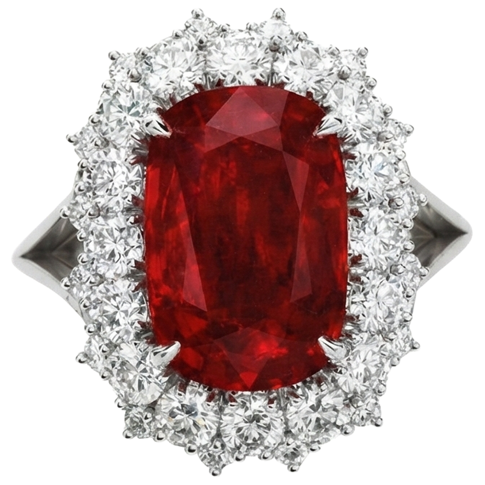 Bague Rubis Rouge Taille Coussin Avec Diamant Naturels Extraits des Mines ( et non cultivés en laboratoire ) Or Blanc 14K 7.25 Ct