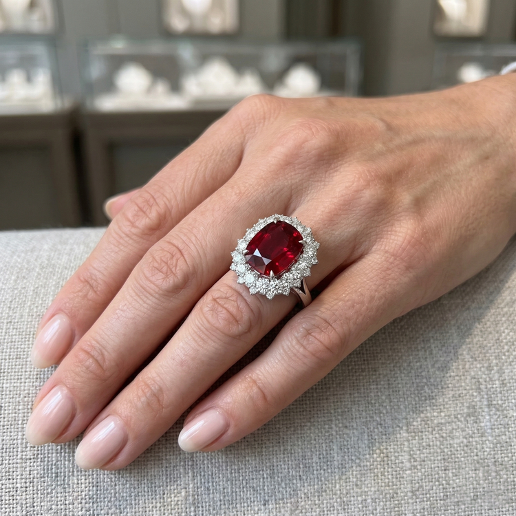 Bague Rubis Rouge Taille Coussin Avec Diamant Naturels Extraits des Mines ( et non cultivés en laboratoire ) Or Blanc 14K 7.25 Ct