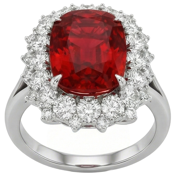 Bague Rubis Rouge Taille Coussin Avec Diamant Naturels Extraits des Mines ( et non cultivés en laboratoire ) Or Blanc 14K 7.25 Ct